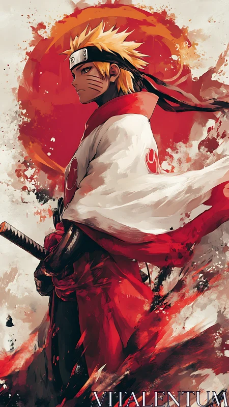 Determined anime warrior stands before a blazing red sun