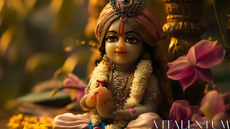 Photorealistic devotional idol portrait with floral foreground.
