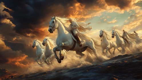 White riders on galloping horses under turbulent sky.