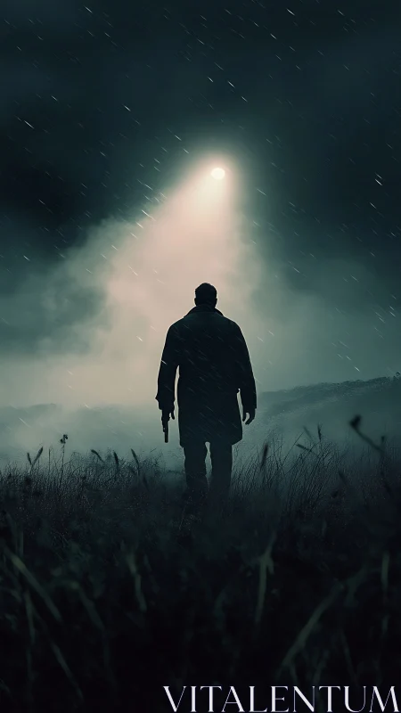 Lone figure with gun walks toward ominous moonlit beam.