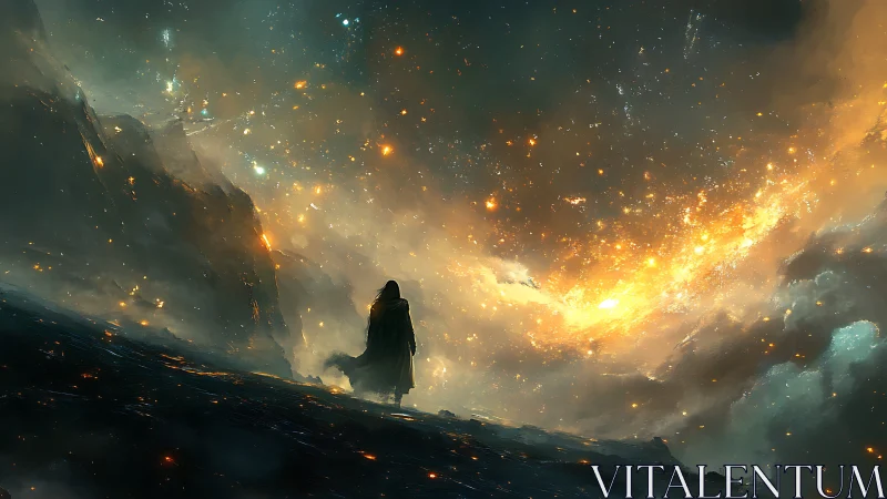 Lone cloaked figure watching bright cosmic storm sky.