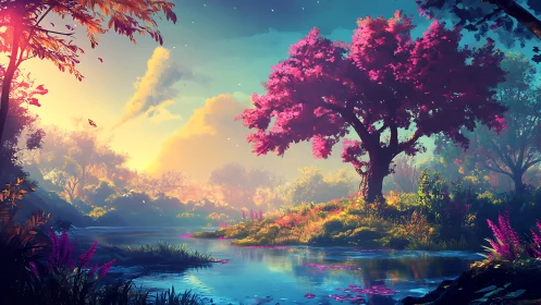 Dreamlit riverbank under candy-flush trees at dawn.