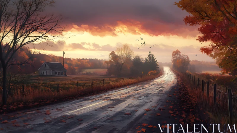 Rural roadway and farmhouse in overcast autumn landscape.