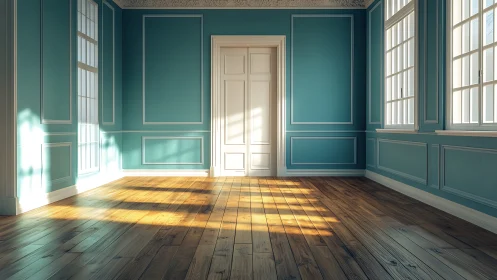 Sunlit teal salon where quiet walls wait for stories.