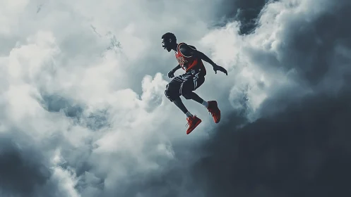 High-flying basketball player soars dramatically through clouds.