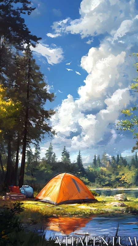 Cozy orange tent by a sunlit lakeside under bright clouds.