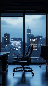Executive Office at Twilight. Solitude overlooking illuminated cityscape.