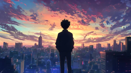 Silhouetted figure observing illuminated city skyline at dusk.