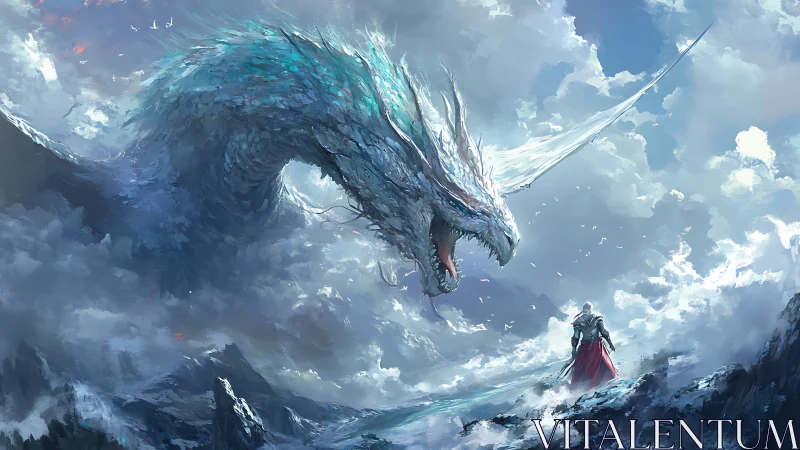Colossal ice dragon confronting lone armored figure in clouds.