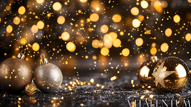 Golden Christmas baubles glow in a sparkling festive blur