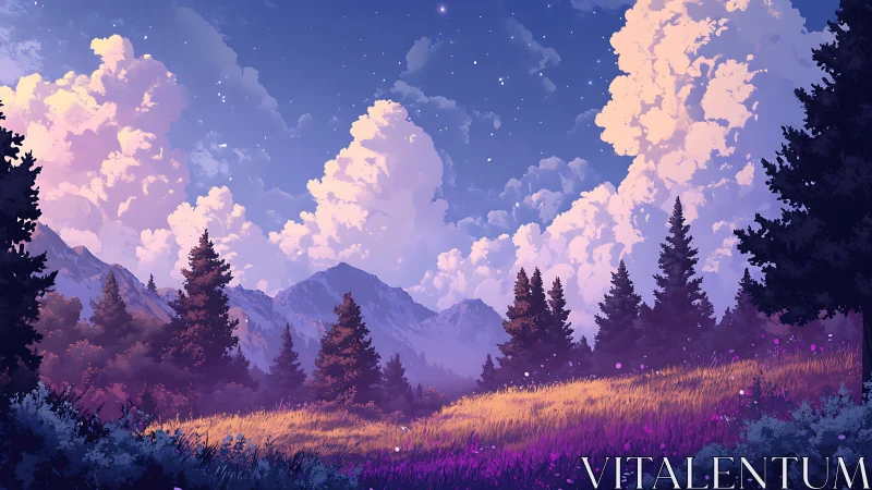 Twilight alpine meadow under luminous cumulus and starlit sky