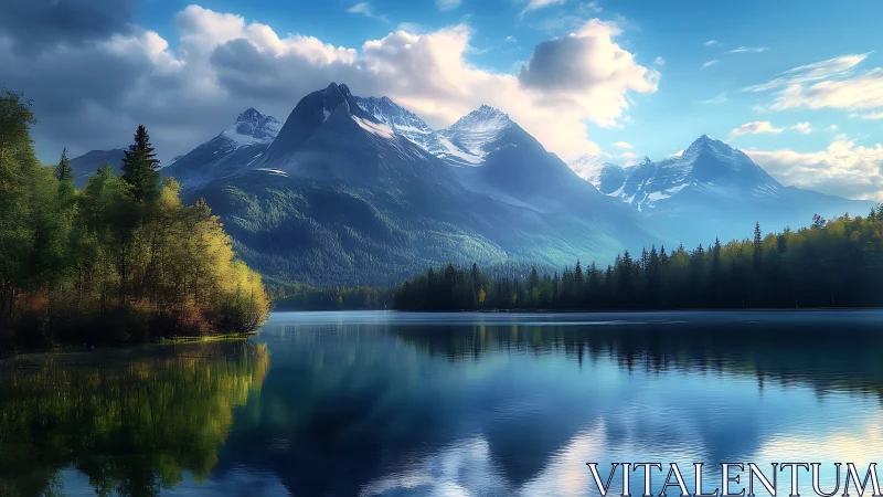 Gentle alpine mountains rise over a calm reflective lake