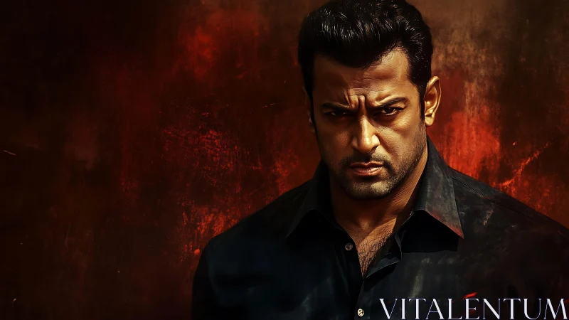 Intense stern man against dark red textured backdrop.