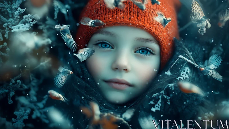 Child in winter attire with frost-covered vegetation and birds