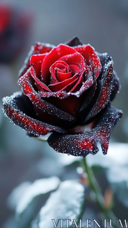 Crimson rose endures winter frost in serene close-up portrait