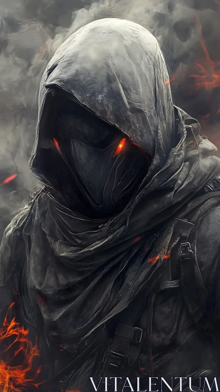 Hooded wraith warrior amid embers and swirling smoke.