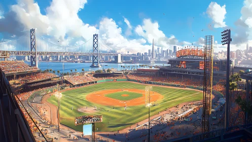 Sunlit bayfront ballpark humming under bright city skies.