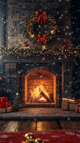 Cozy holiday hearth glows warmly with gifts and garlands