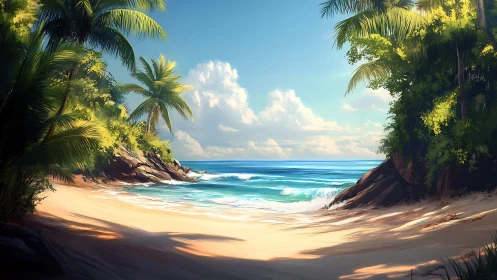 Tropical coastal cove with palm vegetation and ocean waves