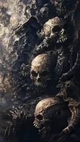 Haunting wall of skulls wrapped in dark, crumbling stone.