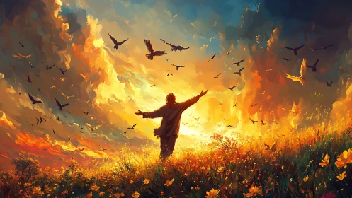 Sunlit meadow embrace beneath a sky of soaring birds.