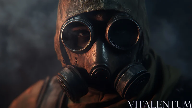 Hooded survivor in dual-filter gas mask under cinematic rim light
