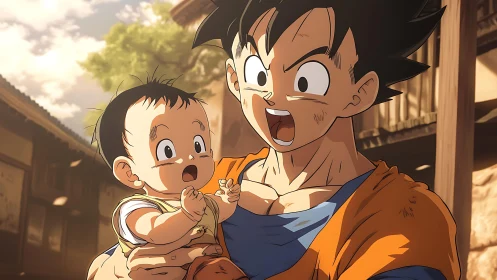 Expressive anime father and infant under warm street lighting.