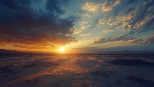 Desert sunrise over dunes under dramatic cloud canopy.