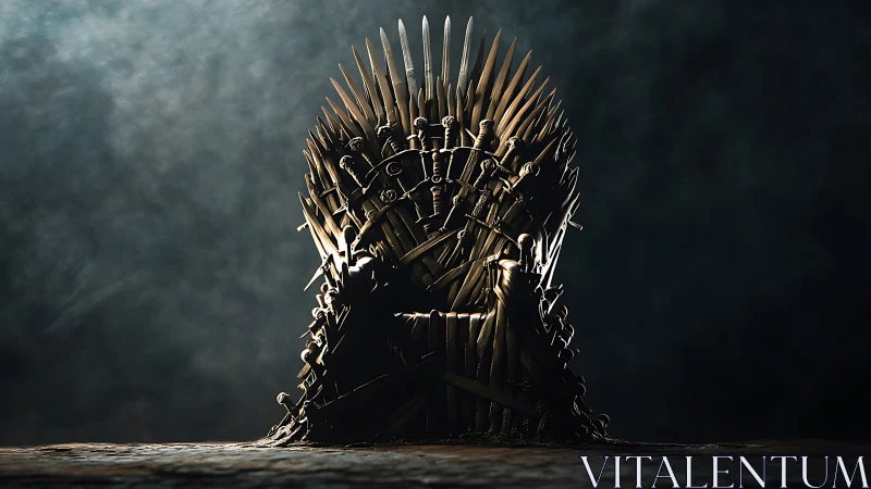 Iron throne constructed from swords under dramatic lighting