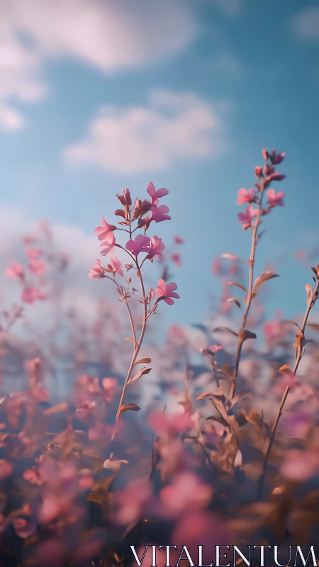 Pink wildflowers against bright blue sky with white clouds