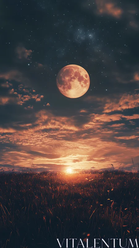 Blood moon over twilight meadow under glowing horizon.