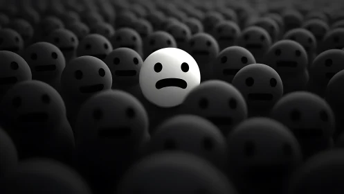 One anxious emoticon glows uneasily within compliant shadows