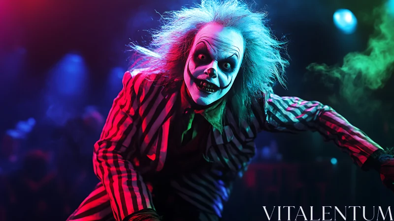 Clown figure in striped suit under colored stage lighting.