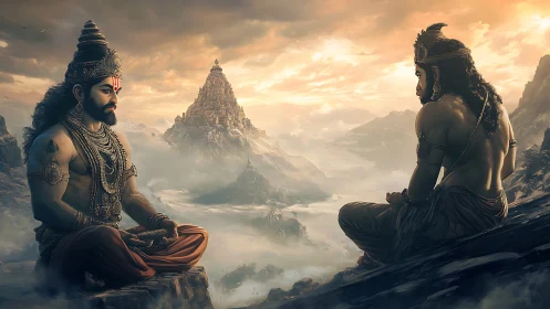 Divine warriors in mountain meditation before distant temple.