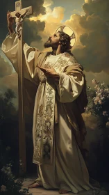 Golden-robed saint lifts radiant crucifix through stormlight.