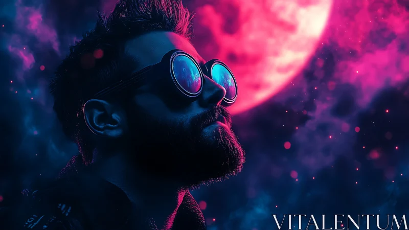 Dreamy stargazer in glowing neon moonlit night sky.