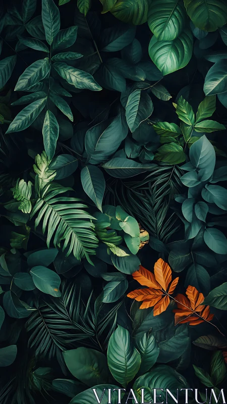 Dense tropical foliage displays vivid orange contrast leaves