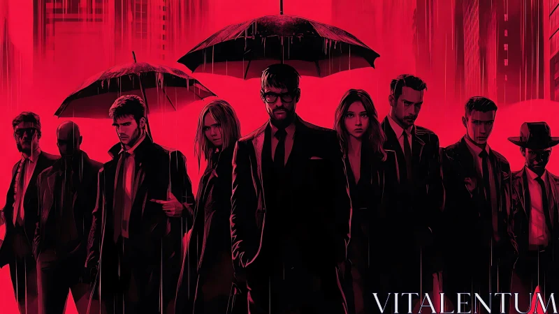 Shadows in sharp suits stride through a neon red rainstorm