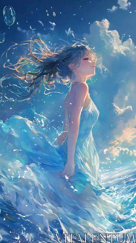 Ocean wind lifts serene girl through luminous waves.
