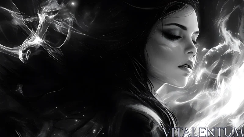 Monochrome elemental portrait with luminous fluid dynamics.