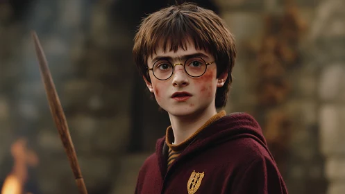 Young robed wizard holding wand in shallow-depth portrait