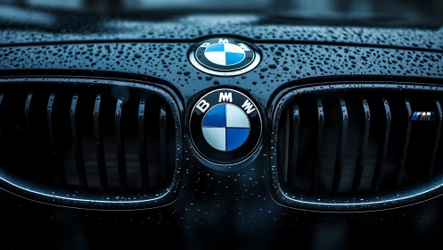 Rain-kissed BMW grille glowing in deep midnight blue.