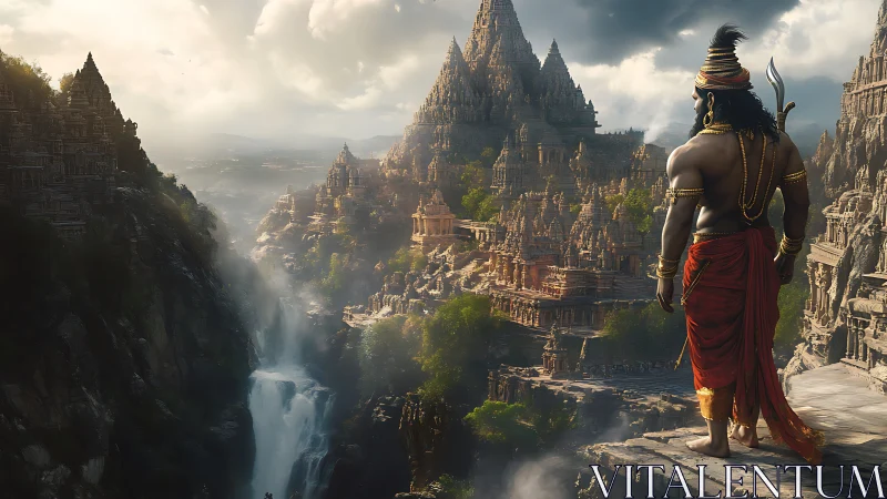 Warrior observes terraced temple city above waterfall gorge