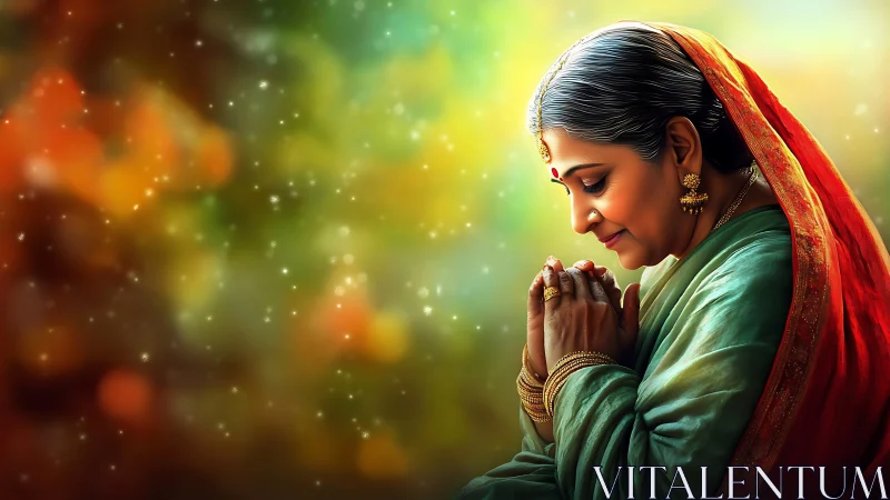 Elderly Indian Woman in Traditional Attire Praying, Digital Art.