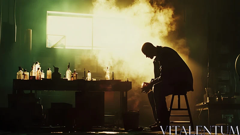 Backlit chemist silhouette amid vapor in industrial workshop