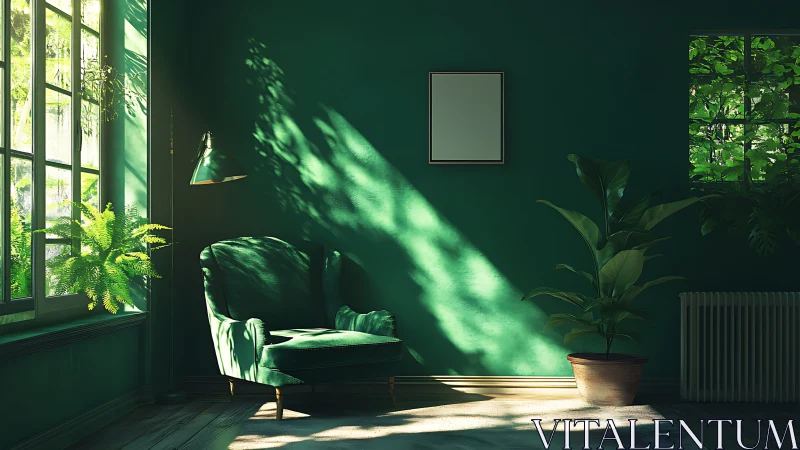 Sunlit emerald reading nook where foliage paints the walls.
