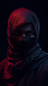 Hooded masked figure in dramatic red and blue lighting.