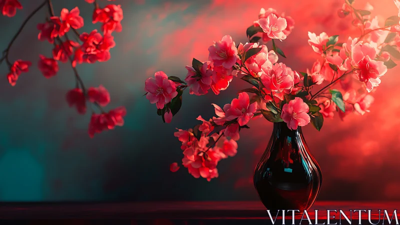 Red camellias in dark glass vase with dramatic lighting.