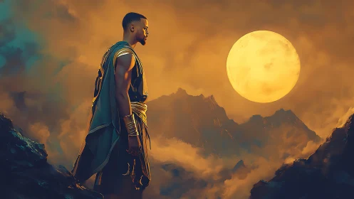 Moonlit guardian pausing at the edge of glowing mountains.