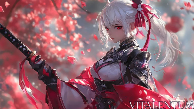 Scarlet sakura warrior gazing calmly through falling petals.